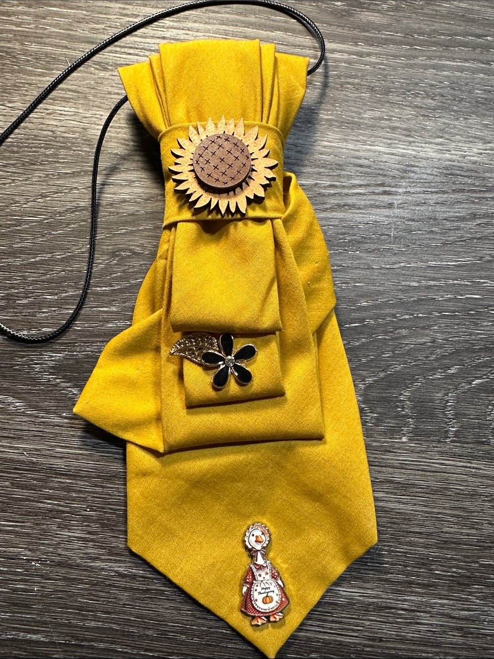 Golden Necklace Tie with Wooden Sunflower and Thanksgiving Goose